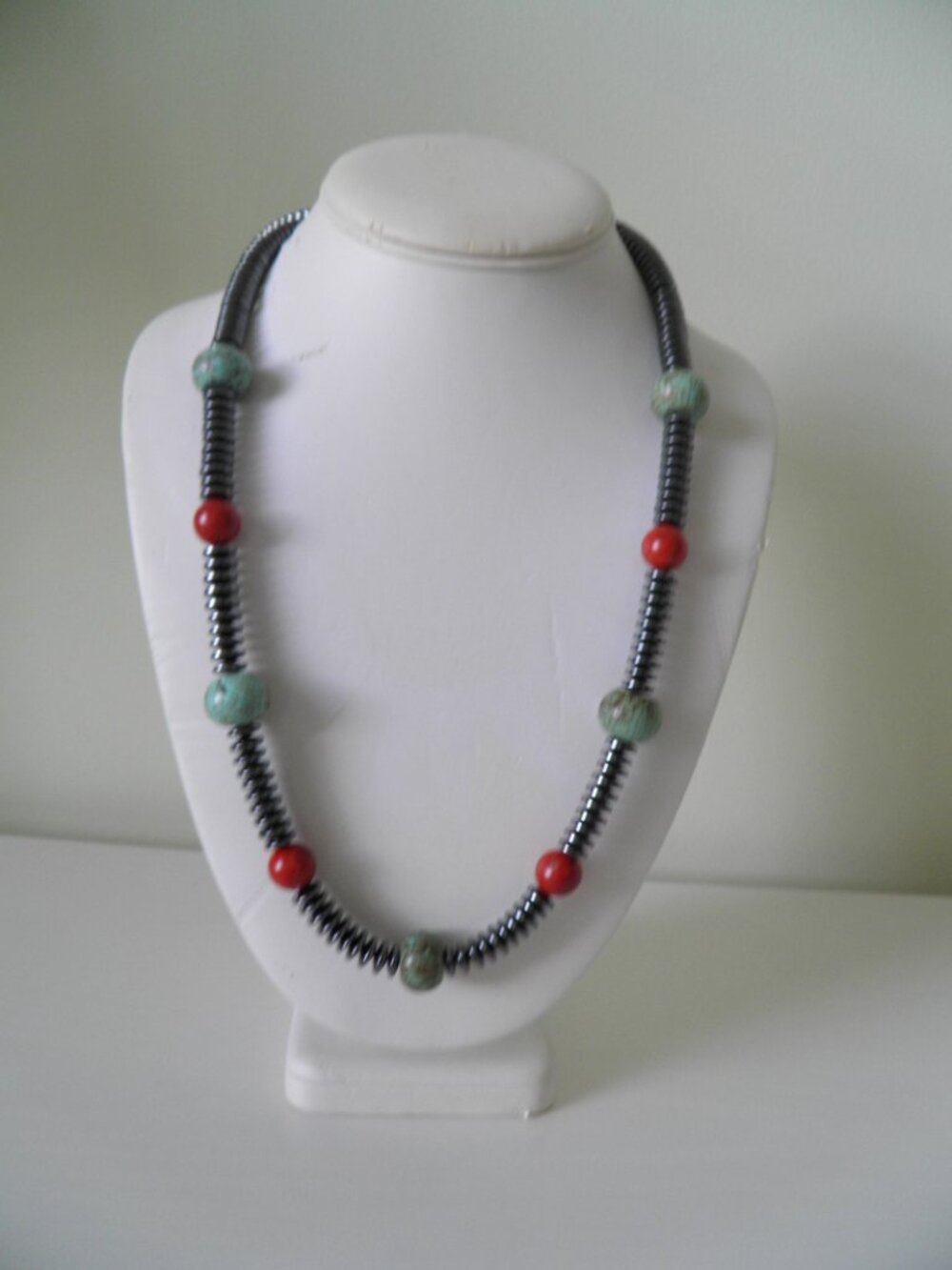 Hematite Necklace With Accent Turquoise and Coral Beads